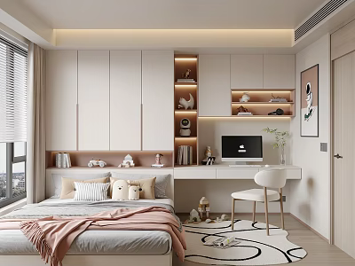 Modern Tatami Bedroom Interior With White Storage Cabinets Desk Computer Pillows And Rug 3d model