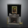 Elegant Stone Fireplace With Framed Painting On Mantel And Decorative Items Golden Candle Holders