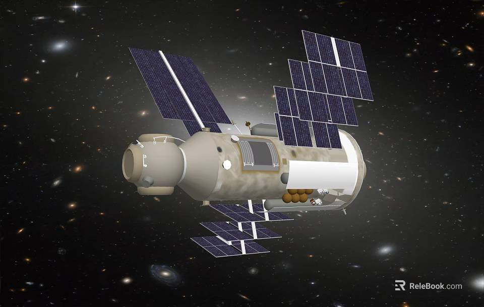 Cartoon Space Scene With Spaceship Solar Panels And Starry Galaxy Background 3d model 