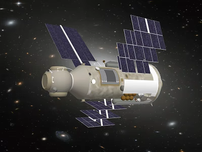 Cartoon Space Scene With Spaceship Solar Panels And Starry Galaxy Background 3d model