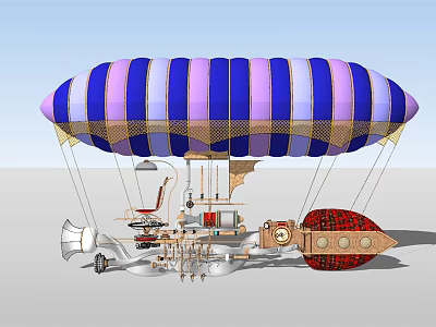 Airship Shaped Amusement Ride With Blue Purple Stripes And Mechanical Seats 3d model