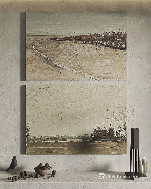 Two Panel Abstract Coastal Wall Art With Beach Sky And Tree Silhouettes 3d model