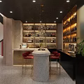 Modern Restaurant Interior With Curved Red Wall Long Dining Table Red Chairs And Wine Rack