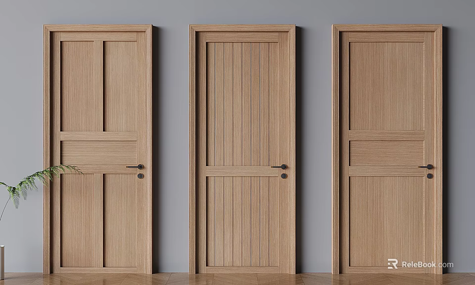 Natural Wooden Hinged Doors With Panel Patterns Against Grey Walls And Wooden Floor 3d model 