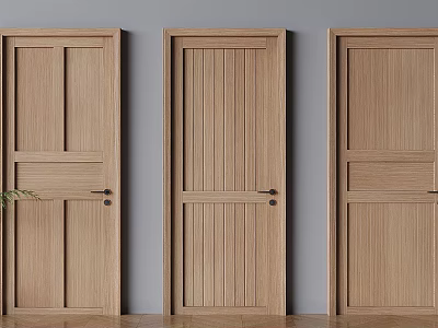 Natural Wooden Hinged Doors With Panel Patterns Against Grey Walls And Wooden Floor 3d model