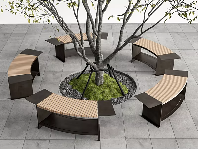 Outdoor Chairs With Wooden Seats And Metal Frames In Circular Arrangement Around Tree 3d model