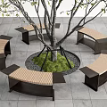 Outdoor Chairs With Wooden Seats And Metal Frames In Circular Arrangement Around Tree