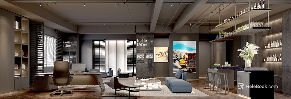 Modern Office Interior With Blue Sofa Coffee Table Display Wall And Decorative Paintings 3d model