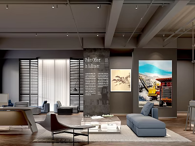 Modern Office Interior With Blue Sofa Coffee Table Display Wall And Decorative Paintings 3d model