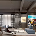 Modern Office Interior With Blue Sofa Coffee Table Display Wall And Decorative Paintings 3d model