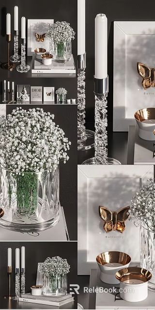 Decorative Ornament Set With White Baby's Breath In Clear Glass Vase Crystal And Golden Accents 3d model 