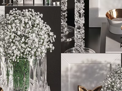 Decorative Ornament Set With White Baby's Breath In Clear Glass Vase Crystal And Golden Accents 3d model