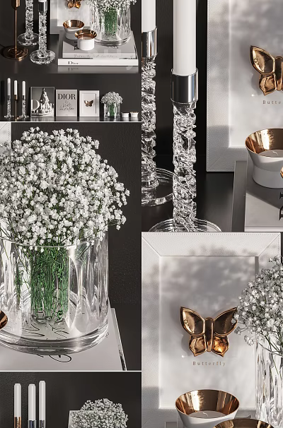 Decorative Ornament Set With White Baby's Breath In Clear Glass Vase Crystal And Golden Accents 3d model