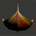 Red and Gold Wooden Boat with Decorative Hull on Dark Reflective Background
