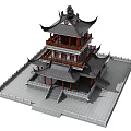 Traditional Chinese Ancient Architecture Multi tiered Tower With Curved Eaves Red Pillars And Grey Roof