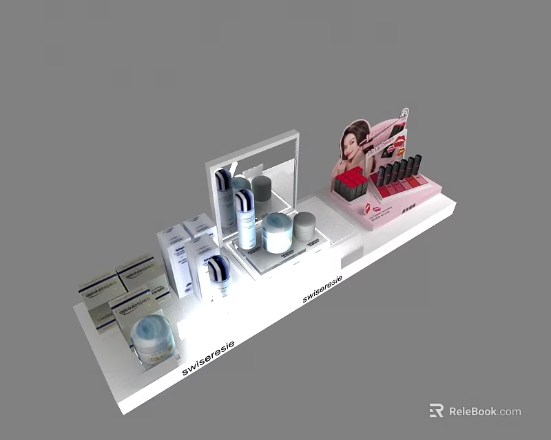 Perfume Cosmetics Display With White Stand Bottles Boxes And Woman 3d model 