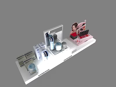 Perfume Cosmetics Display With White Stand Bottles Boxes And Woman 3d model
