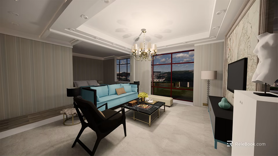 Elegant Living Room Interior With Blue Sofa Black Armchair Chandelier Large Windows TV Coffee Table 3d model 
