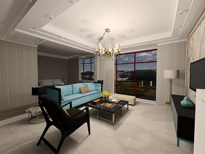 Elegant Living Room Interior With Blue Sofa Black Armchair Chandelier Large Windows TV Coffee Table 3d model