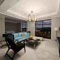 Elegant Living Room Interior With Blue Sofa Black Armchair Chandelier Large Windows TV Coffee Table