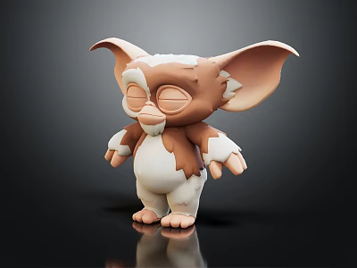 Cute Fantasy Creature With Big Ears Brown White Fur Closed Eyes Standing Pose 3d model