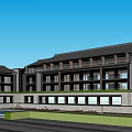 Traditional Modern Hotel Building With Multiple Floors Large Glass Windows And Outdoor Courtyard