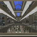 Shopping Mall Elevator Aisle With Glass Skylight Multiple Floors Escalators and Greenery