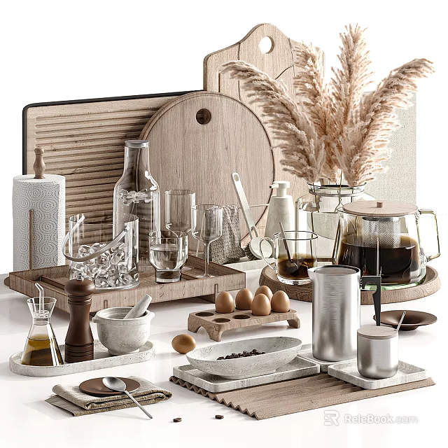 Rustic Kitchen Decorative Ornament Set With Wooden Cutting Boards Pampas Grass And Coffee Pot 3d model 