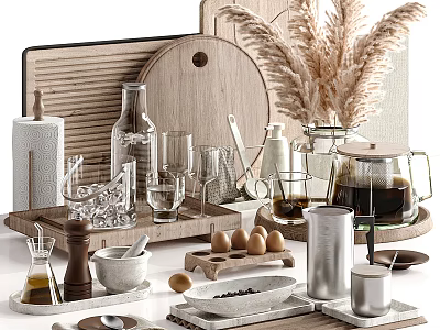 Rustic Kitchen Decorative Ornament Set With Wooden Cutting Boards Pampas Grass And Coffee Pot 3d model
