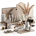 Rustic Kitchen Decorative Ornament Set With Wooden Cutting Boards Pampas Grass And Coffee Pot