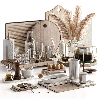 Rustic Kitchen Decorative Ornament Set With Wooden Cutting Boards Pampas Grass And Coffee Pot 3d model