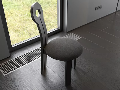 Stylish Single Chair With Gray Cushion By Window On Wooden Floor 3d model