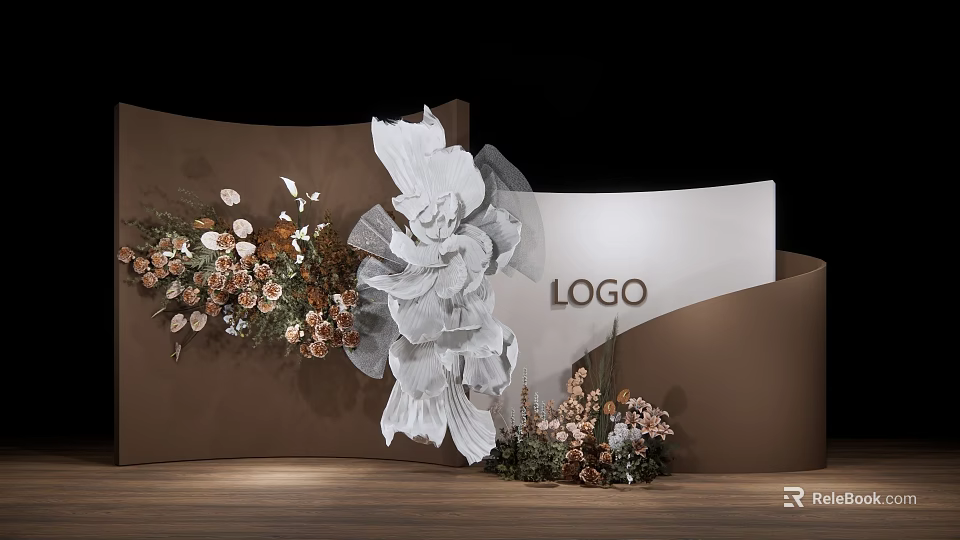 Elegant Banquet Hall Interior With Curved Walls White 3D Flowers Floral Decorations And Wooden Flooring 3d model 