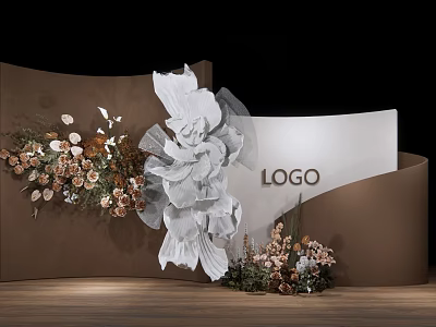 Elegant Banquet Hall Interior With Curved Walls White 3D Flowers Floral Decorations And Wooden Flooring 3d model