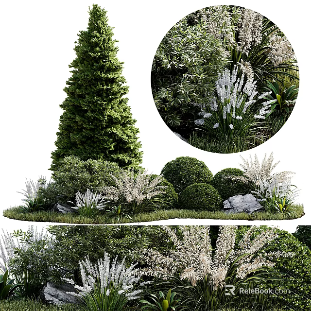 Lush Varied Shrubs In Garden Landscaping With Green Plants And Decorative Stones 3d model 