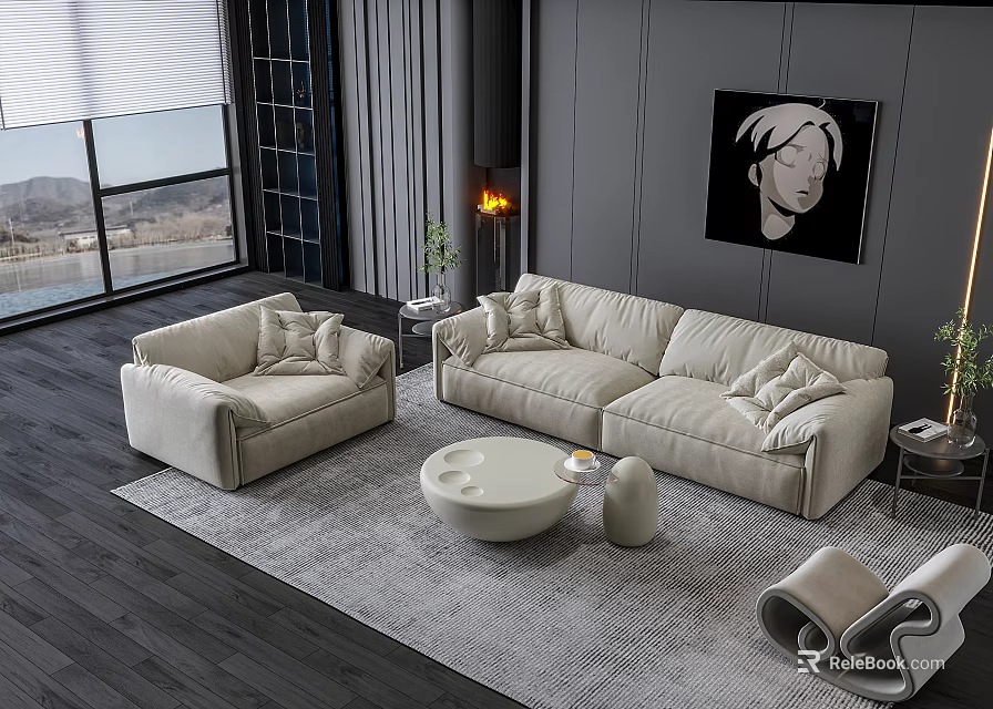 Modern Living Room Beige Sofa And Round Coffee Table Set With Rug And Fireplace 3d model 