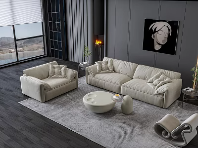 Modern Living Room Beige Sofa And Round Coffee Table Set With Rug And Fireplace 3d model