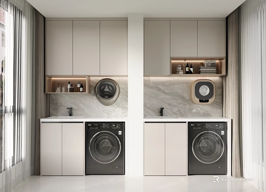 Modern Laundry Room Interior With Light Cabinets Marble Walls And Washing Machines 3d model 