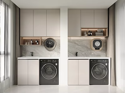 Modern Laundry Room Interior With Light Cabinets Marble Walls And Washing Machines 3d model