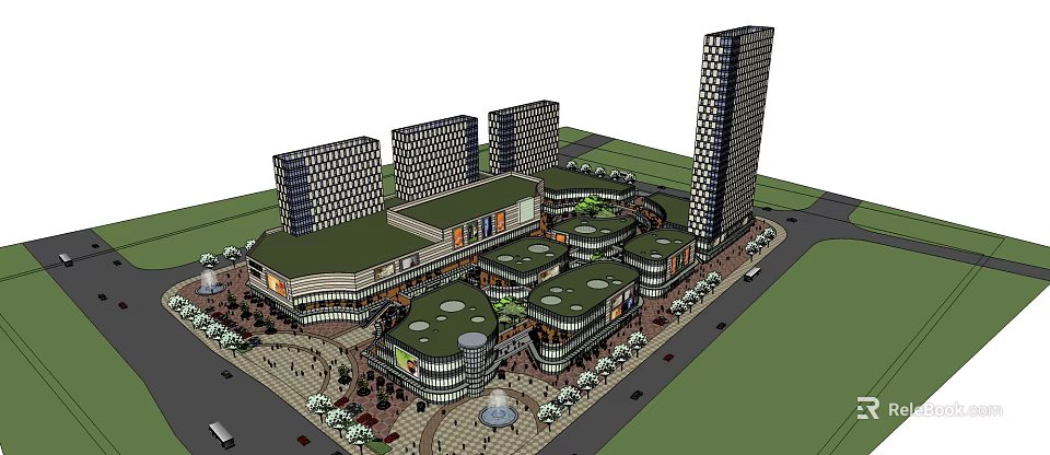 Modern Commercial Complex With Tall Buildings Green Roofs And Pedestrian Plaza 3d model 