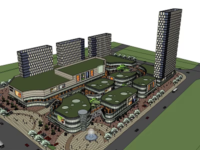 Modern Commercial Complex With Tall Buildings Green Roofs And Pedestrian Plaza 3d model
