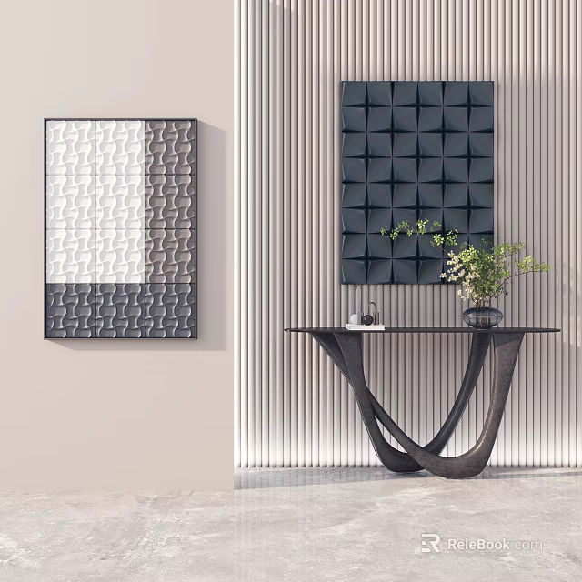 Modern Entryway Console Table With Decorative Paintings Potted Plant And Wall Paneling 3d model 