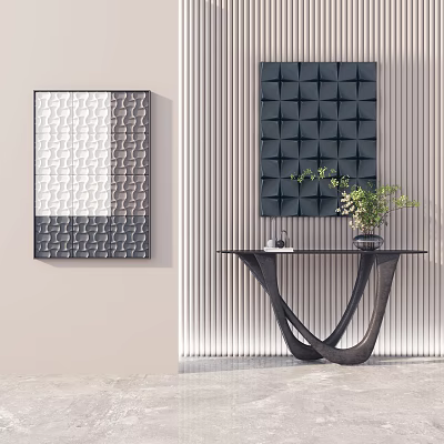 Modern Entryway Console Table With Decorative Paintings Potted Plant And Wall Paneling 3d model