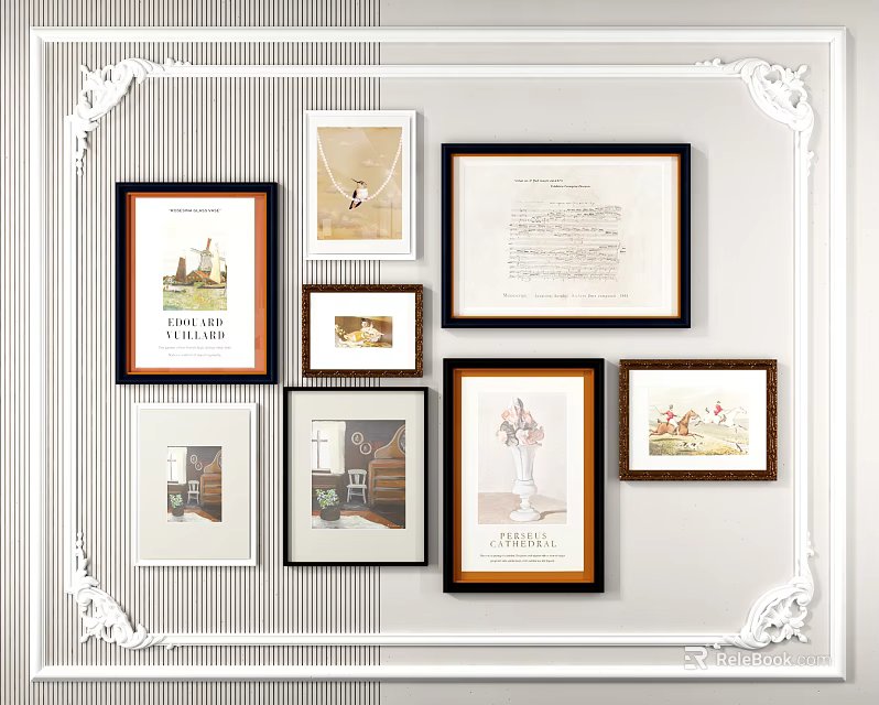 Various Photo Frames On Wall With Artwork And Documents 3d model