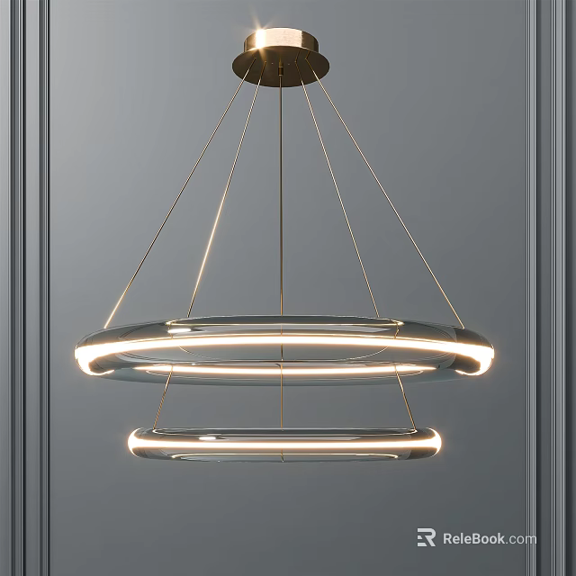 Modern Double Ring Illuminated Chandelier With Metallic Frame On Grey Paneled Wall 3d model 