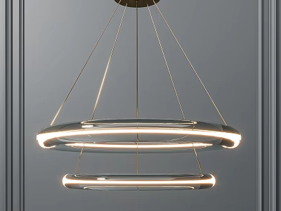Modern Double Ring Illuminated Chandelier With Metallic Frame On Grey Paneled Wall 3d model