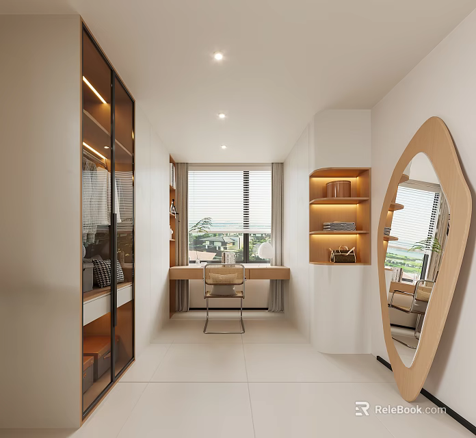 Modern Walk In Closet With Glass Door Cabinets Wooden Shelves Desk Chair And Large Mirror 3d model 