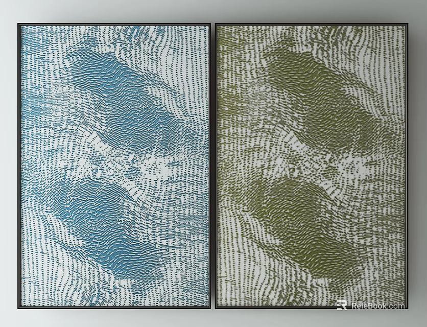 Blue And Green Abstract Wall Art Paintings With Black Frames And Textured Patterns 3d model