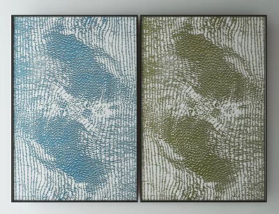 Blue And Green Abstract Wall Art Paintings With Black Frames And Textured Patterns 3d model