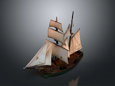 Vintage Wooden Sailing Ship Model With White Sails And Historical Design 3d model
